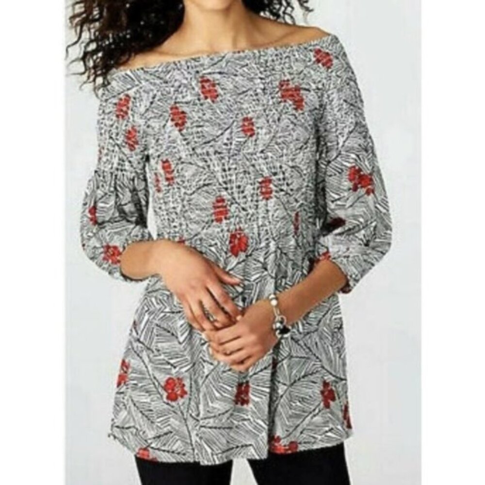J. Jill  Womens Black & White Floral Smocked Tunic Top 3/4 Sleeves XL